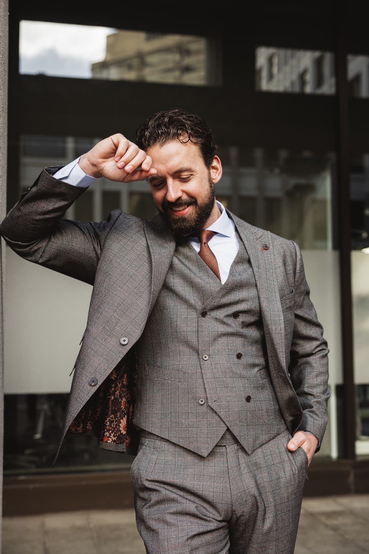 Grey check three-piece suit styling
